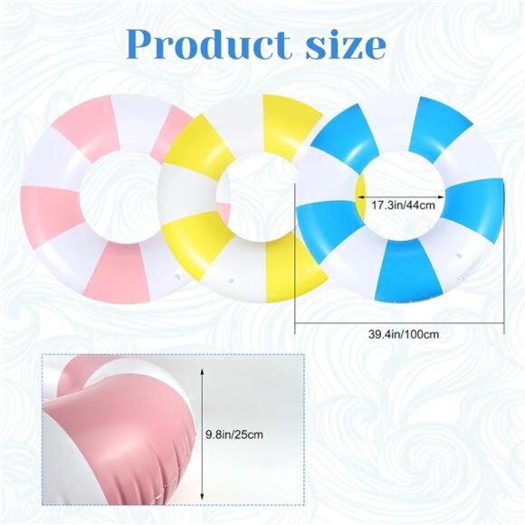 3 PCS 39.4 Inch Jumbo Swimming Ring with Fun Prints Striped Pool Floats Pool - Picture 2 of 8